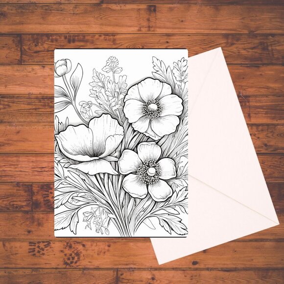 8 Wildflowers A7 Coloring Cards Set: Adult DIY Coloring Kit with Envelopes - Picture 4 of 9